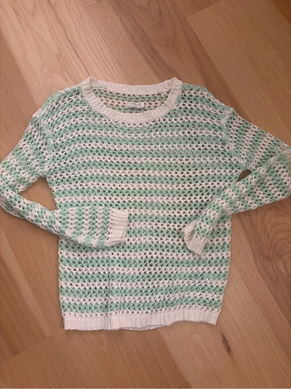 PJ Salvage Mint and Cream Open-Weave Crew Sweater